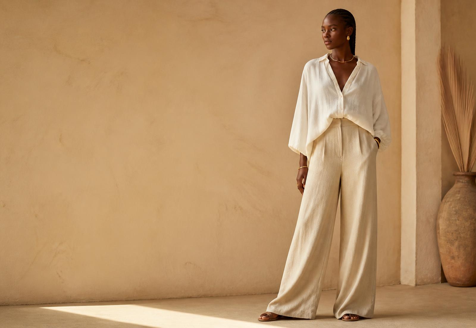 Femme portant une chemise et un pantalon en lin de la nouvelle collection